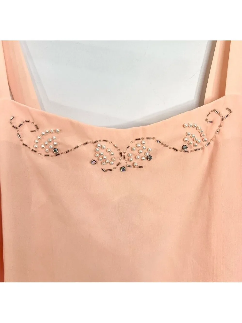 Vintage 80s union made beaded peach chiffon open jacket cami skirt set suit 16 - Picture 10 of 17